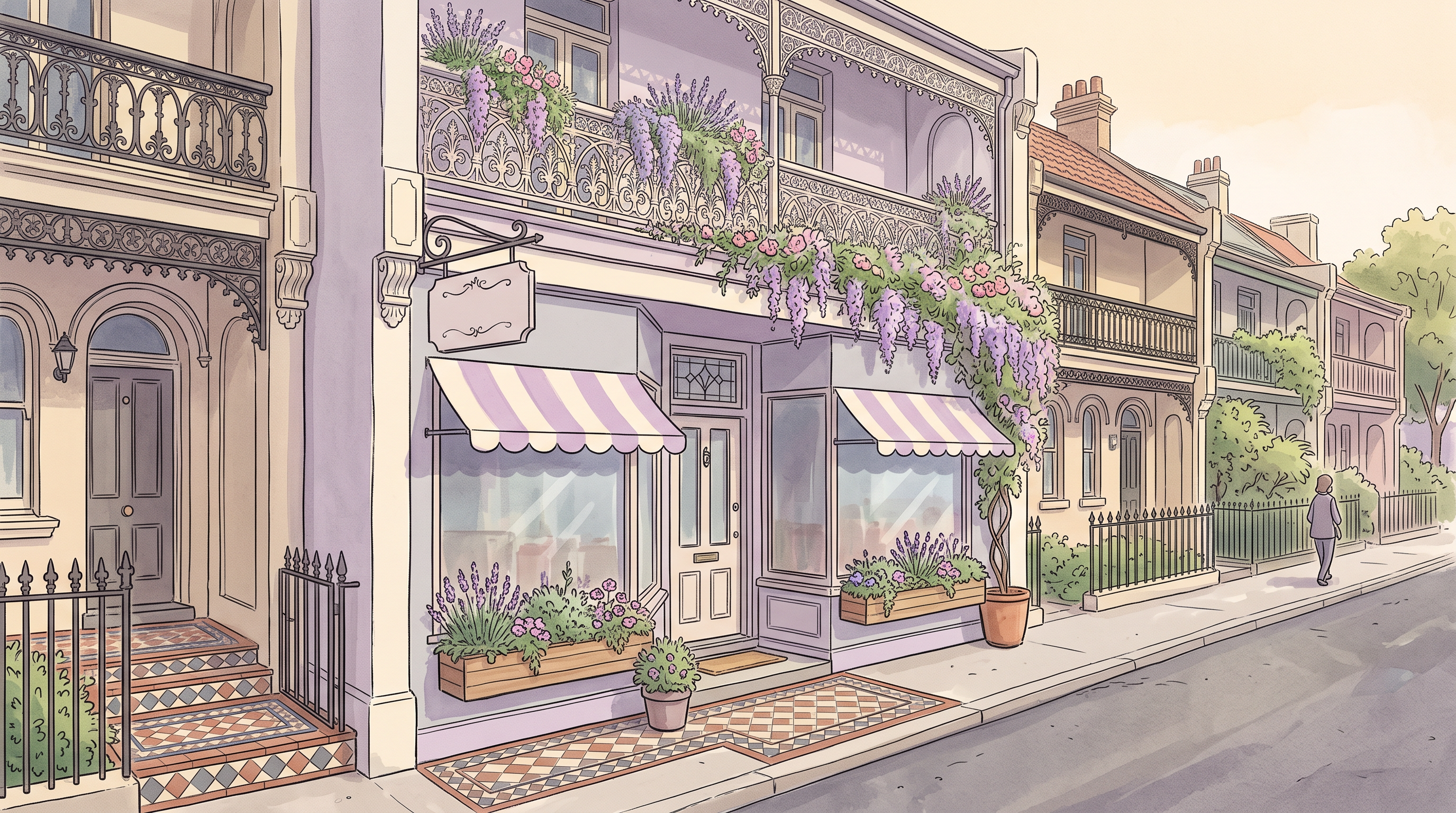 Lavender café exterior with a terrace and flowering balconies