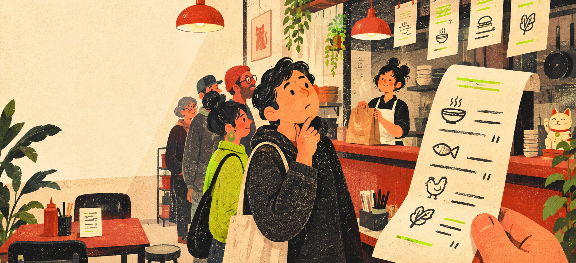Editorial illustration of a restaurant queue and a server holding a paper order ticket